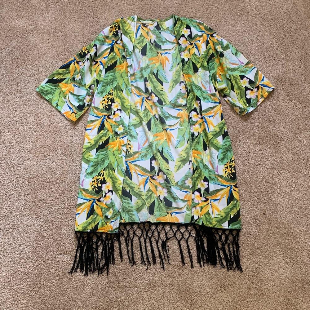 ANANDA’S COLLECTION Tropical Banana Leaf Floral Tassel Fringe Swim Cover Up